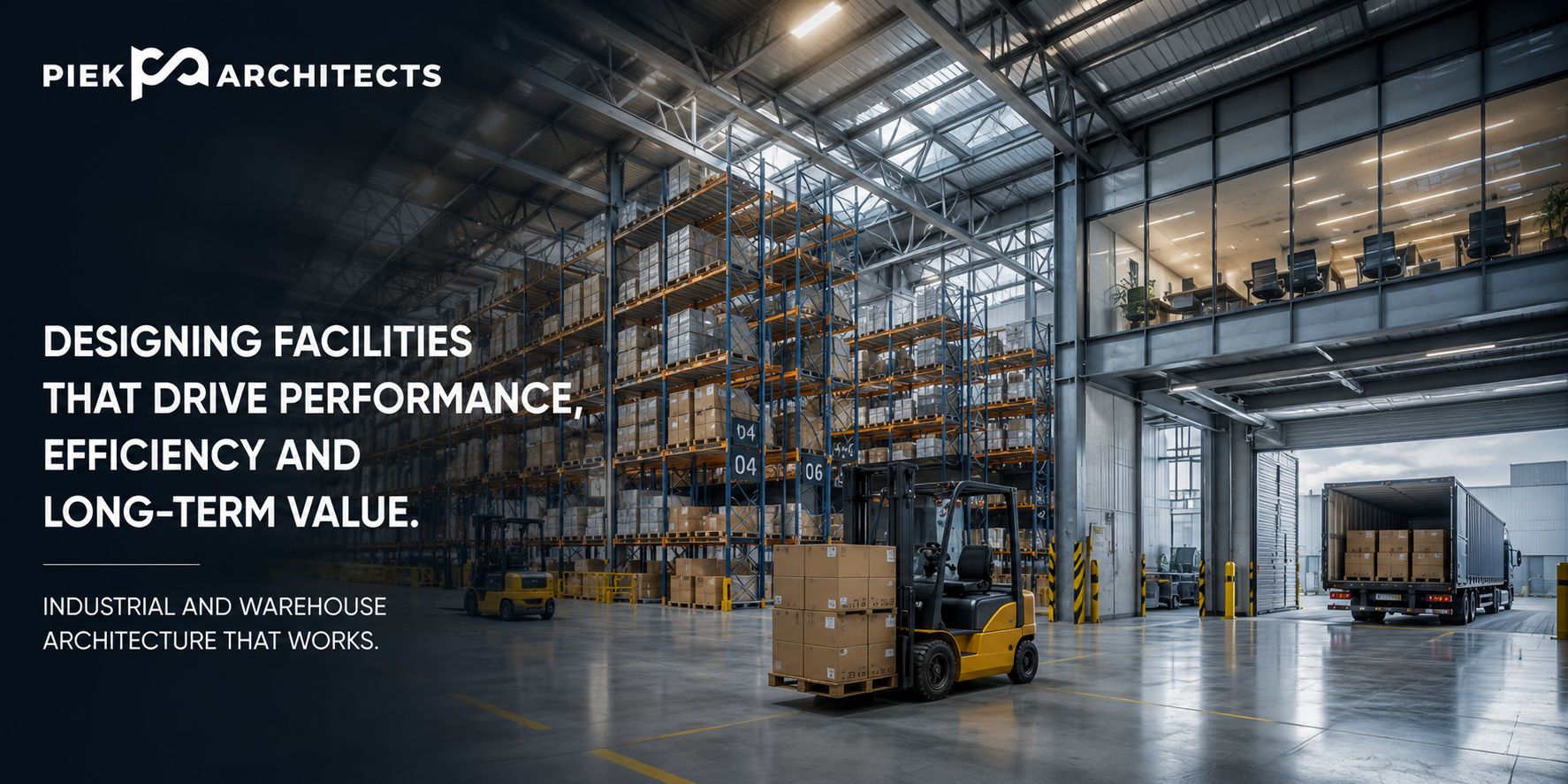 Modern industrial warehouse interior with high-bay racking, forklifts, loading area and integrated office space showcasing Industrial and Warehouse Architecture by Piek Architects.