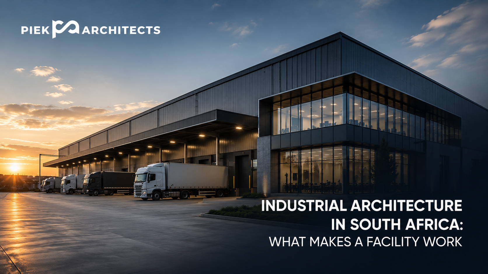 Modern industrial warehouse facility with loading bays and articulated trucks illustrating Industrial and Warehouse Architecture in South Africa by Piek Architects.