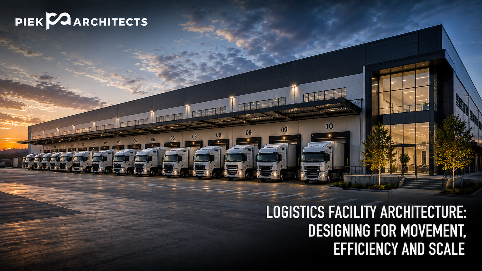 Modern logistics facility in South Africa with ten articulated trucks at loading bays, showcasing efficient warehouse design, vehicle circulation and large-scale industrial architecture.