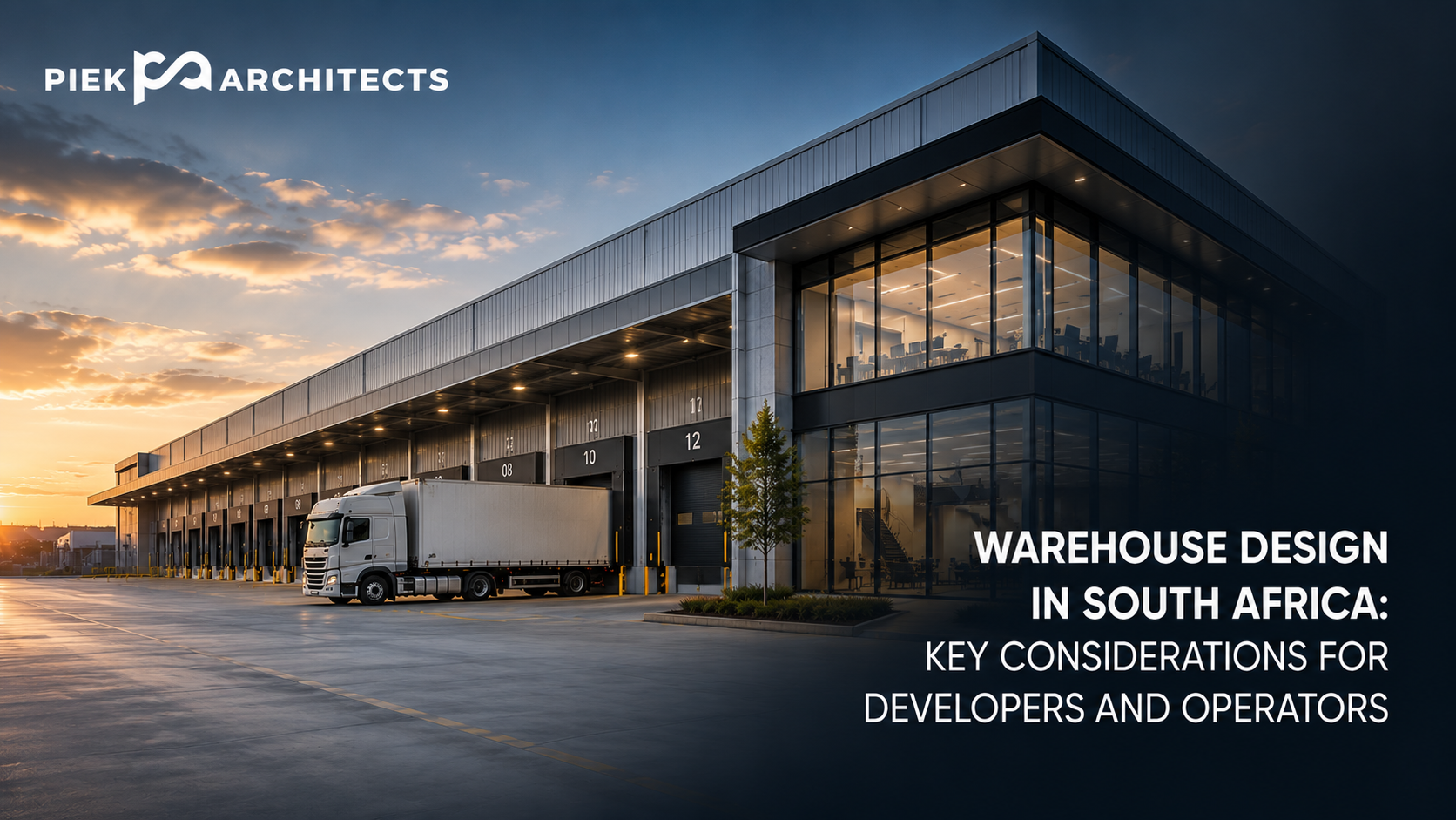 Modern South African warehouse with loading bays, logistics truck and integrated office space illustrating Industrial and Warehouse Architecture.