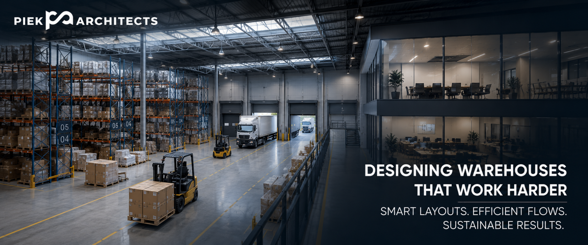 Modern warehouse interior with high-bay racking, forklifts, loading docks and integrated office space illustrating Industrial and Warehouse Architecture in South Africa.