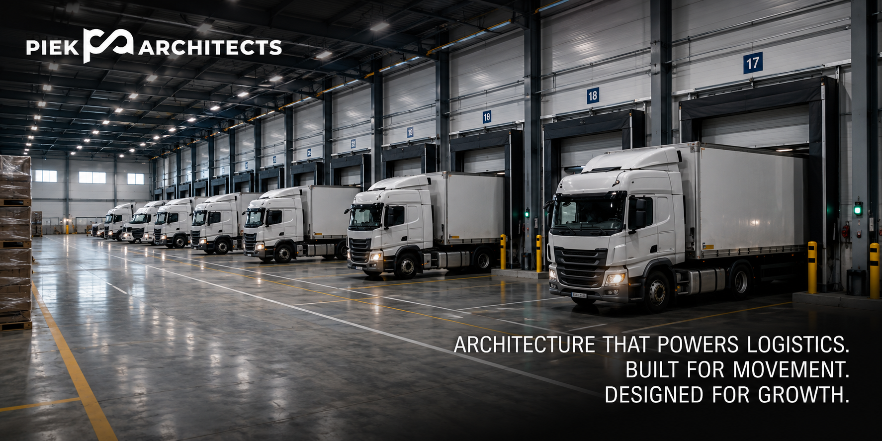 Modern logistics facility in South Africa with ten articulated trucks at loading bays, showcasing efficient warehouse design, vehicle circulation and large-scale industrial architecture.