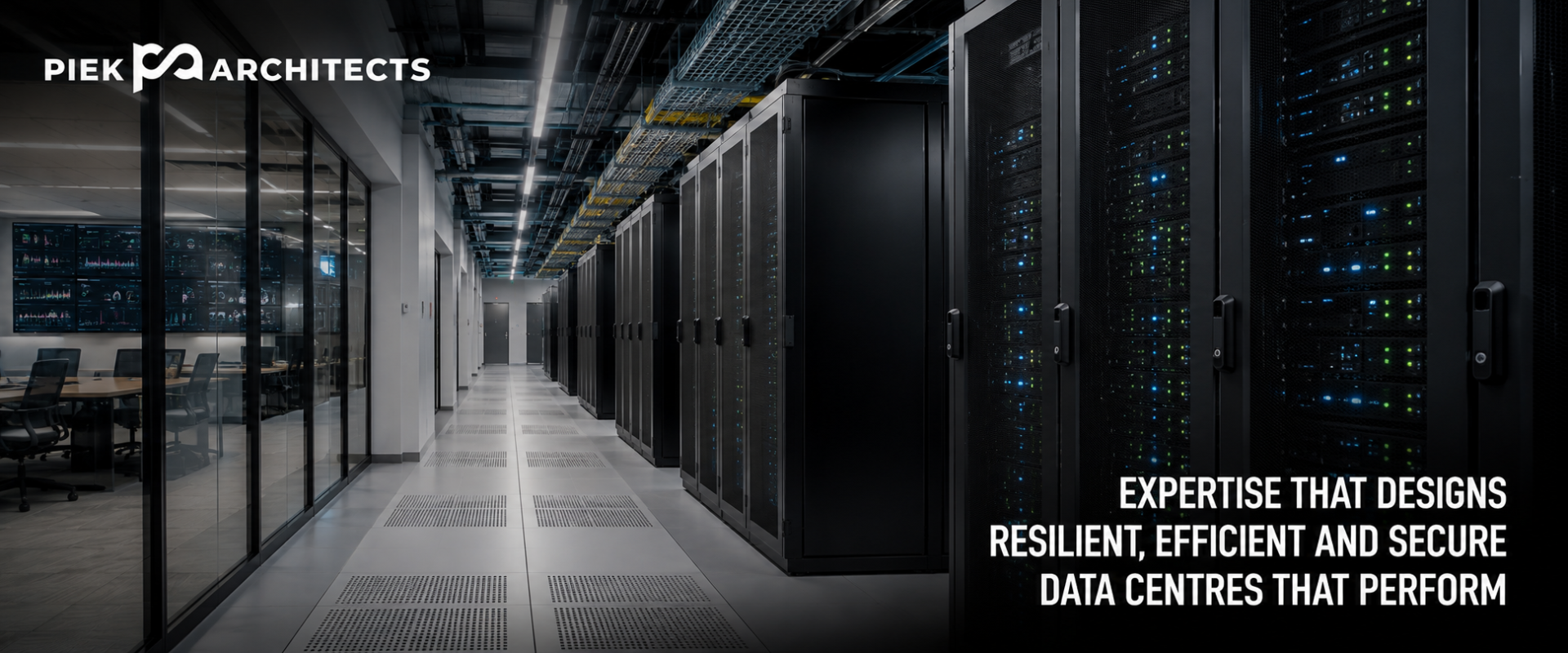 Modern data centre interior with server racks, secure infrastructure, technical control room and mission-critical architectural design.